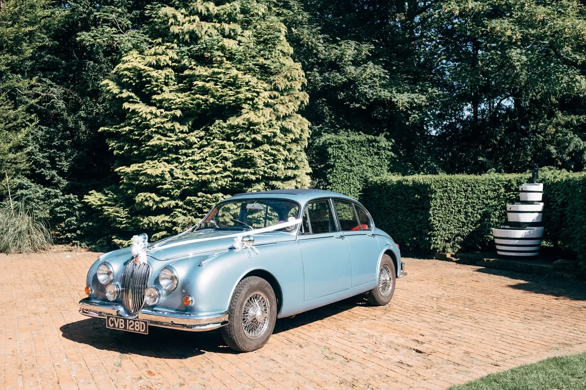 A light blue vintage car decorated with white ribbons and a bow is parked on a brick driveway, surrounded by greenery and trimmed hedges—perfect for capturing timeless Hayne House wedding photography on a sunny day.