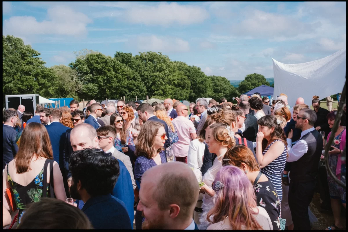 A large crowd gathers outdoors on a sunny day, socializing at a vibrant wedding festival. Many wear sunglasses and summer clothing as they mingle near trees and blue skies in the background.