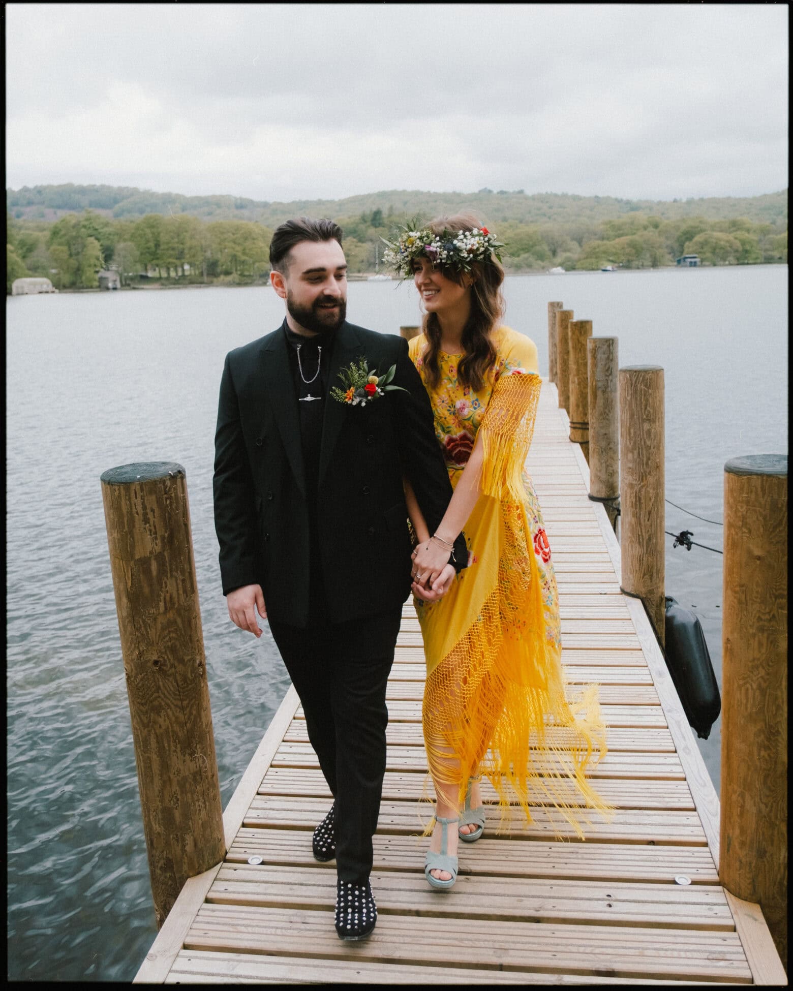 Town Head Estate wedding photographer Lake Windermere — couple on jetty by lake