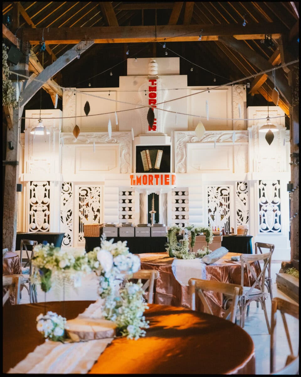 T. Mortier fairground organ inside the barn at Preston Court wedding venue in Kent.