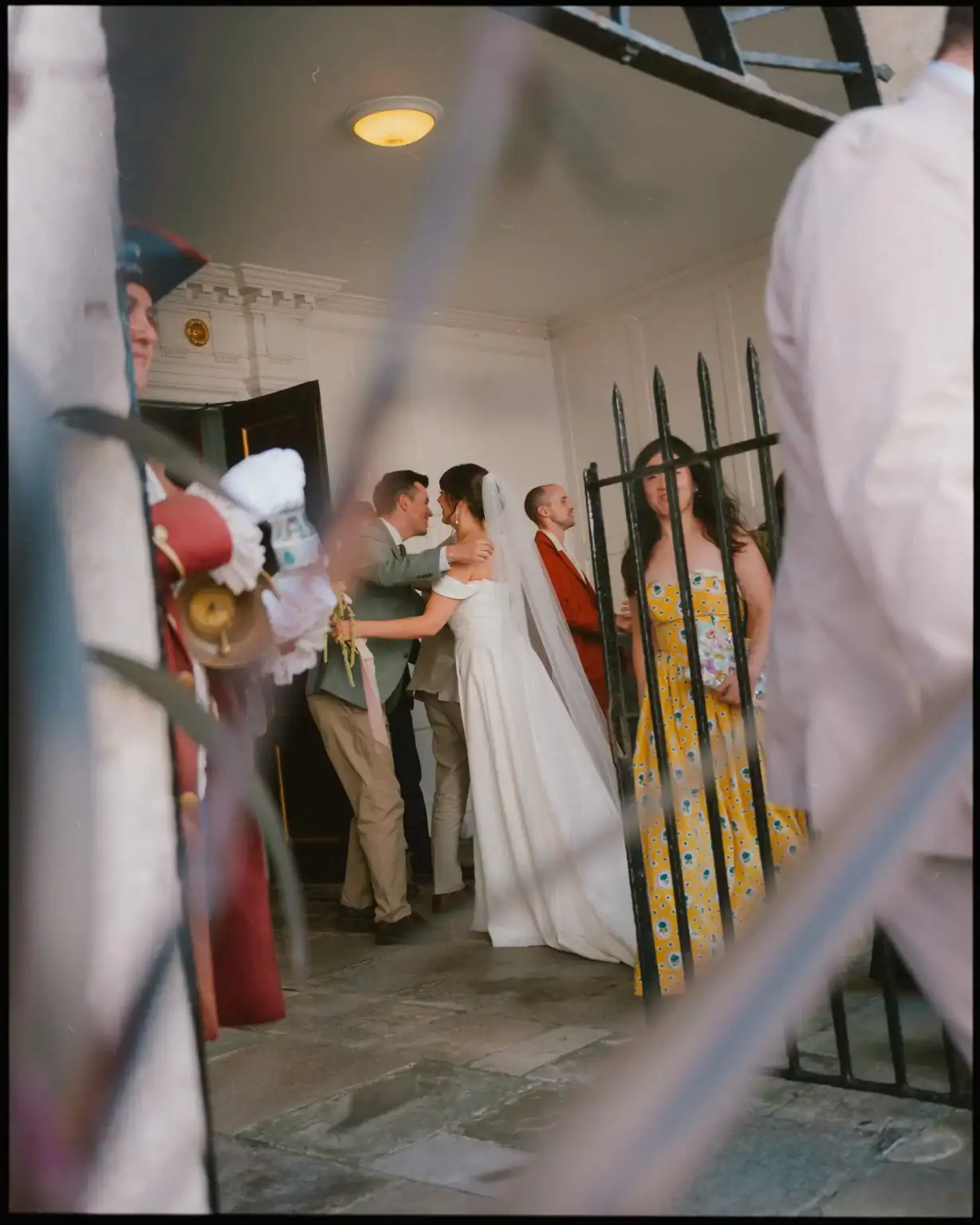candid of bride greeting guests after wedding ceremony at rye town hall