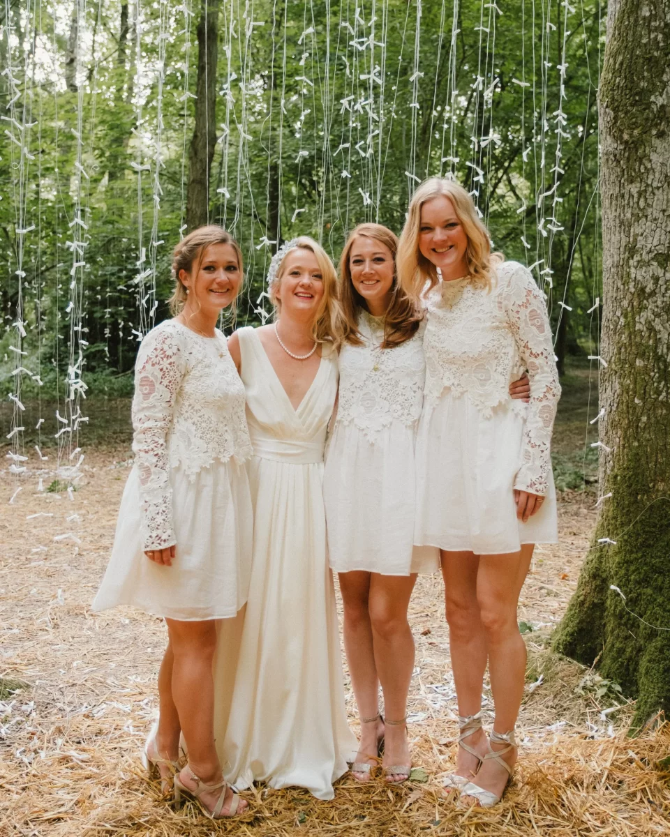 bridesmaids with bride in the woods exclusive woodland wedding venue paper mill kent