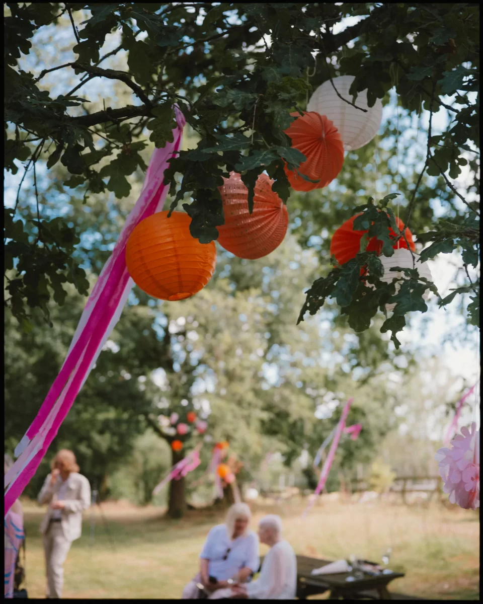 Colorful paper lanterns and pink streamers hang from a tree branch outdoors. In the background, people are gathered on a grassy field, some sitting at a picnic table, enjoying a festive event.