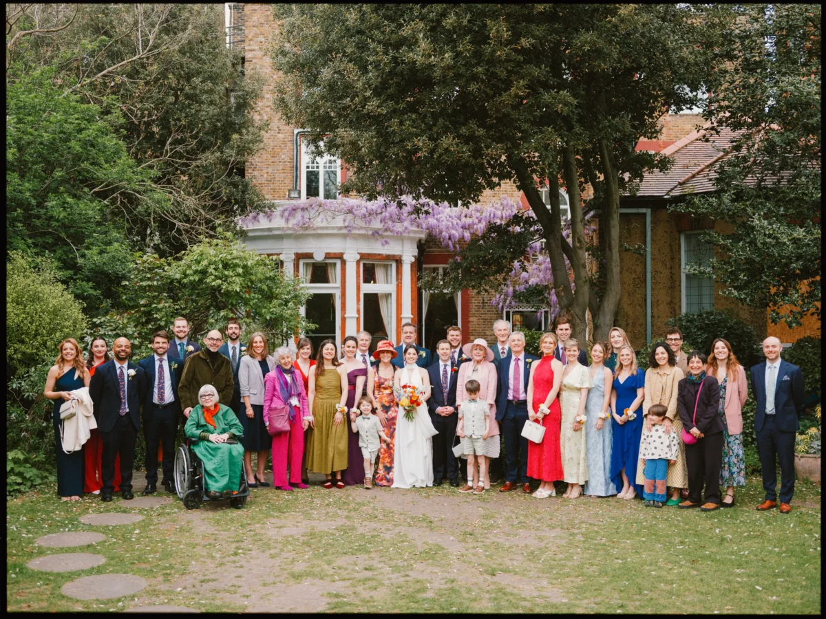 camberwell arms wedding - group photo southwark registry office garden wisteria