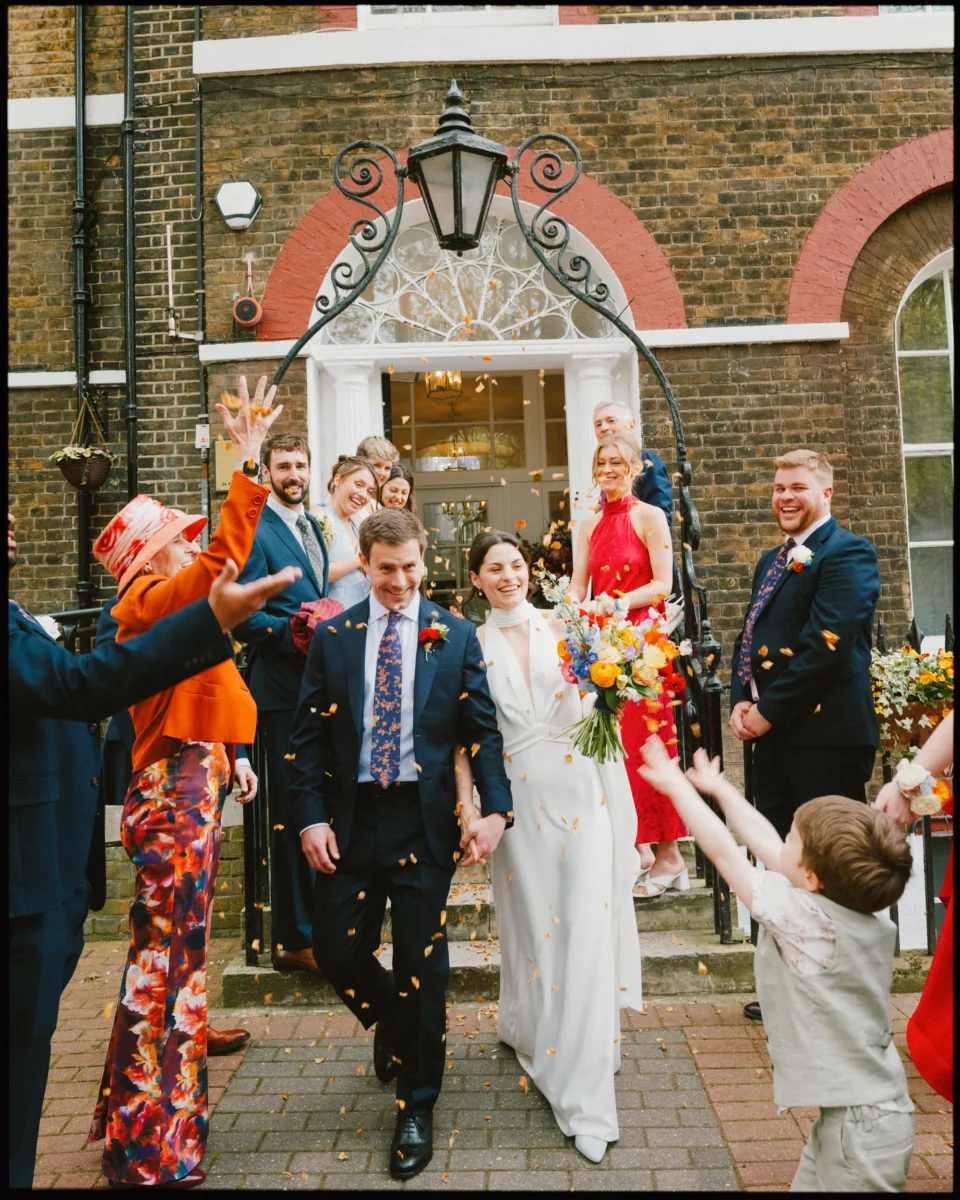 camberwell arms wedding - confetti on steps outside southwark registry office