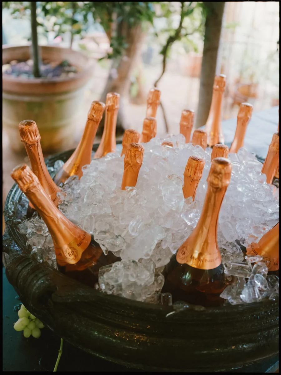 Rose gold-foiled champagne bottles chilling in crushed ice beside green grapes at Petersham Nurseries