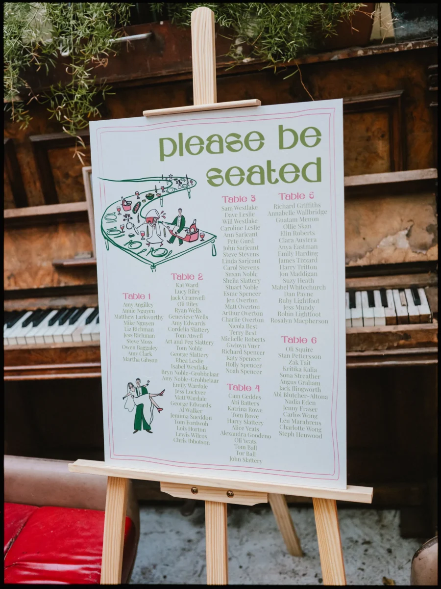 Green and pink seating chart with a cartoon dancing couple on an easel before a weathered piano at Frizzante
